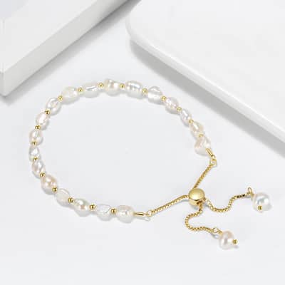 14K Gold Plated 925 Sterling Silver Freshwater Pearl Bead Bracelet detail 1