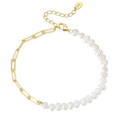 Cuban Link 925 Sterling Silver Baroque Pearl Bracelet detail 1