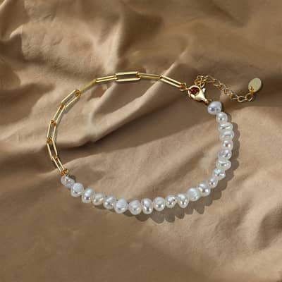 Cuban Link 925 Sterling Silver Baroque Pearl Bracelet detail 2