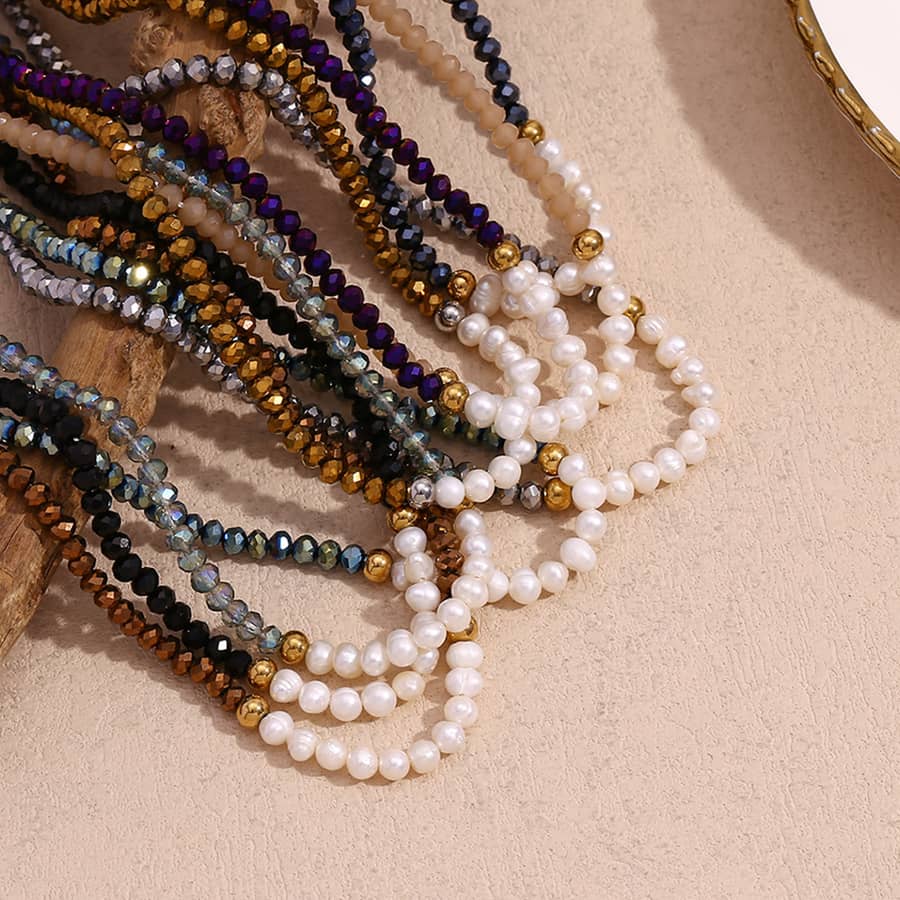Freshwater Pearl Beaded Necklace Waterproof Stainless Steel PVD Coated Cut Crystal Beads - main