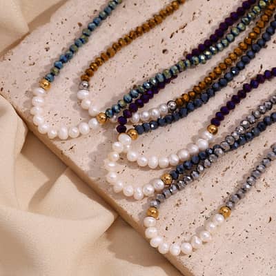 Freshwater Pearl Beaded Necklace Waterproof Stainless Steel PVD Coated Cut Crystal Beads detail 3