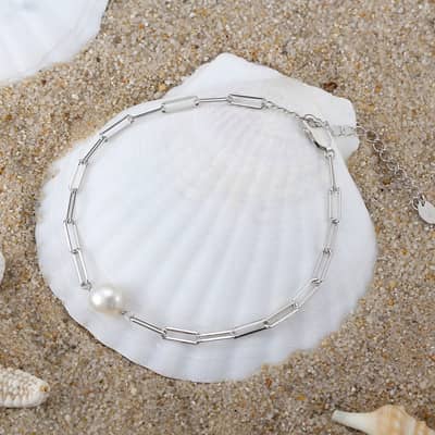 Dainty 925 Sterling Silver Paperclip Chain Bracelet 14K Gold Plated Single Pearl detail 3