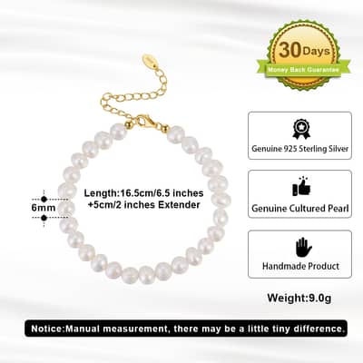 Dainty 14K Gold Plated Natural Freshwater Pearl Adjustable Bracelet, 925 Sterling Silver detail 2