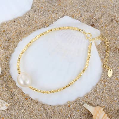 Single Natural Freshwater Pearl Charm Minimalist Bracelet, 925 Sterling Silver 14K Gold Plated detail 2