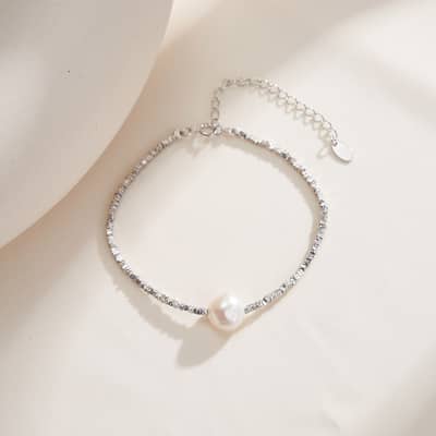 Single Natural Freshwater Pearl Charm Minimalist Bracelet, 925 Sterling Silver 14K Gold Plated detail 3