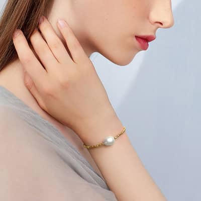 Single Natural Freshwater Pearl Charm Minimalist Bracelet, 925 Sterling Silver 14K Gold Plated detail 4