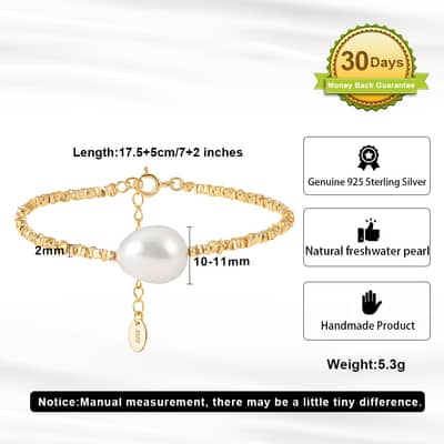 Single Natural Freshwater Pearl Charm Minimalist Bracelet, 925 Sterling Silver 14K Gold Plated detail 5