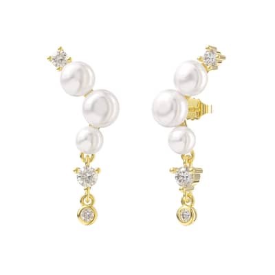 Luxury Fashion 14K Gold Plated 925 Sterling Silver Freshwater Pearl Zircon Earrings detail 1