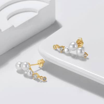 Luxury Fashion 14K Gold Plated 925 Sterling Silver Freshwater Pearl Zircon Earrings detail 2