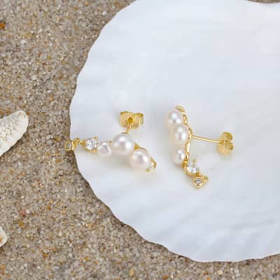 Luxury Fashion 14K Gold Plated 925 Sterling Silver Freshwater Pearl Zircon Earrings detail 5