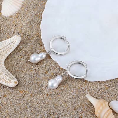 Hypoallergenic 925 Sterling Silver Hoop Unique Freshwater Natural Baroque Dangle Pearl Earrings detail 5