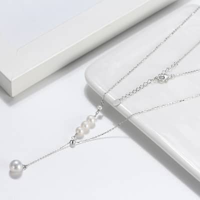 Rhodium Plated 925 Sterling Silver Chain Natural Freshwater Pearl Beaded Lariat Necklace detail 2