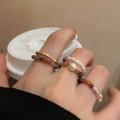 Trendy Tourmaline Pearl Natural Stone Ring With Colorful Beaded Broken Silver detail 1