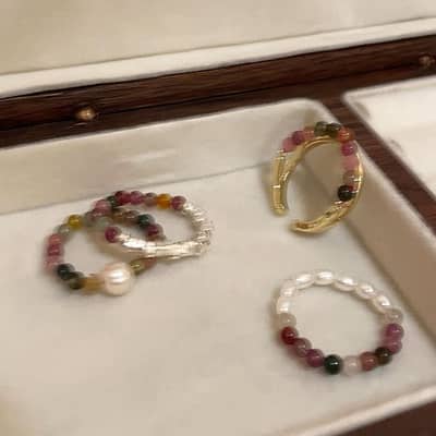 Trendy Tourmaline Pearl Natural Stone Ring With Colorful Beaded Broken Silver detail 2