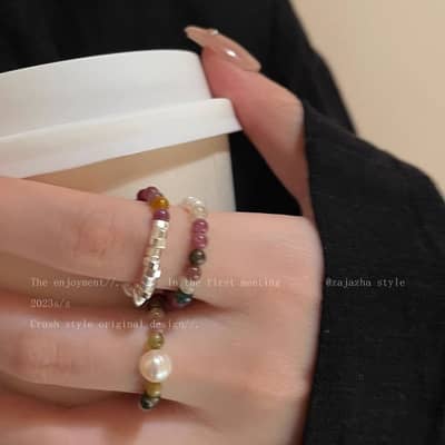 Trendy Tourmaline Pearl Natural Stone Ring With Colorful Beaded Broken Silver detail 3