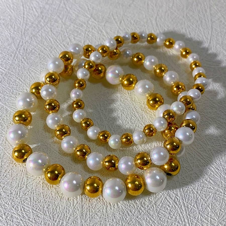 Handmade Beaded Pearl Bracelet Stainless Steel Beads 18K PVD Coated Waterproof Three Bracelets - main