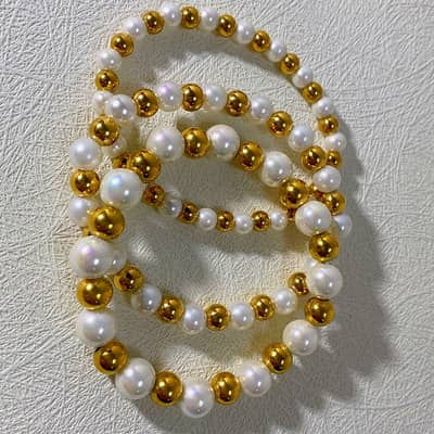 Handmade Beaded Pearl Bracelet Stainless Steel Beads 18K PVD Coated Waterproof Three Bracelets detail 2