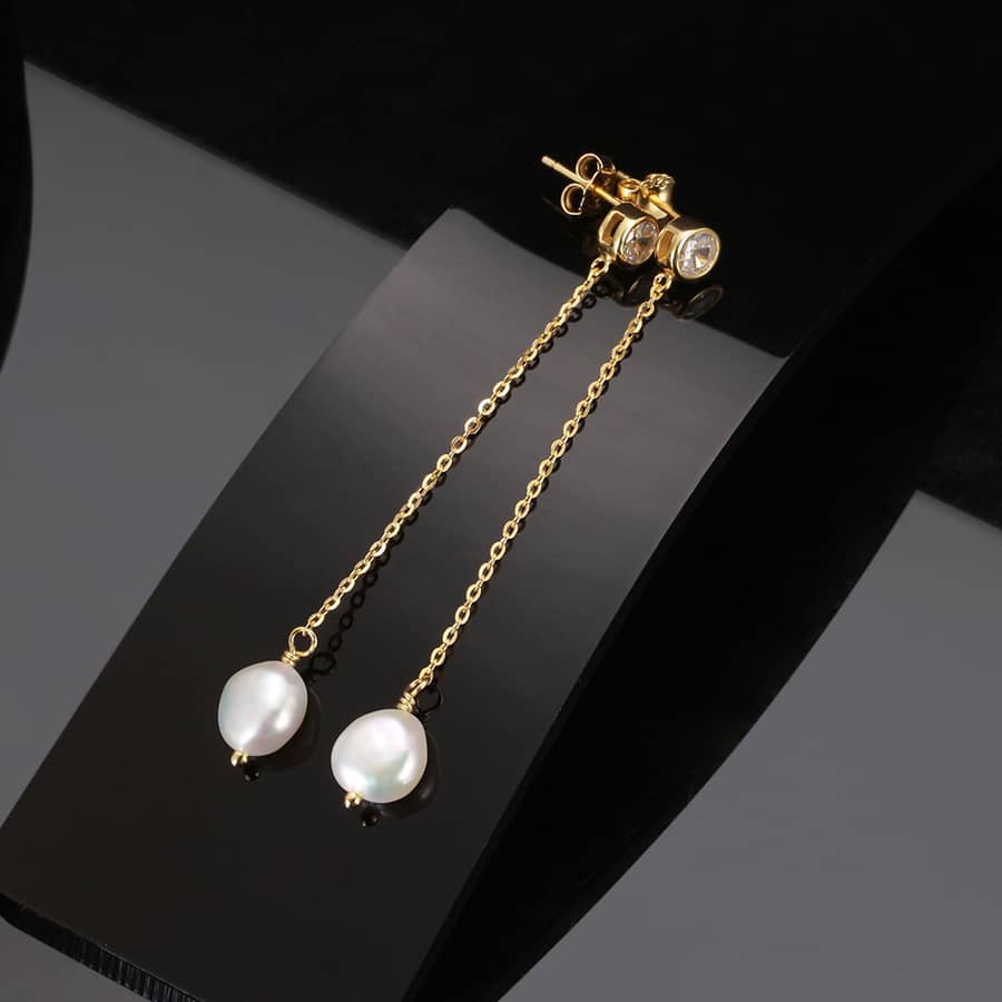 925 Sterling Silver 14K Gold Plated Chain Freshwater Long Fringe Earrings Zircon Pearl - main