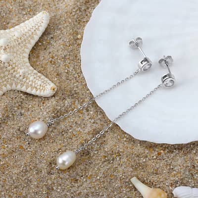 925 Sterling Silver 14K Gold Plated Chain Freshwater Long Fringe Earrings Zircon Pearl detail 3