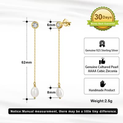 925 Sterling Silver 14K Gold Plated Chain Freshwater Long Fringe Earrings Zircon Pearl detail 4