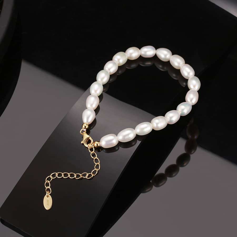 925 Silver Natural Baroque Freshwater Pearl Beads Chain, Gold Plated Bracelet - main