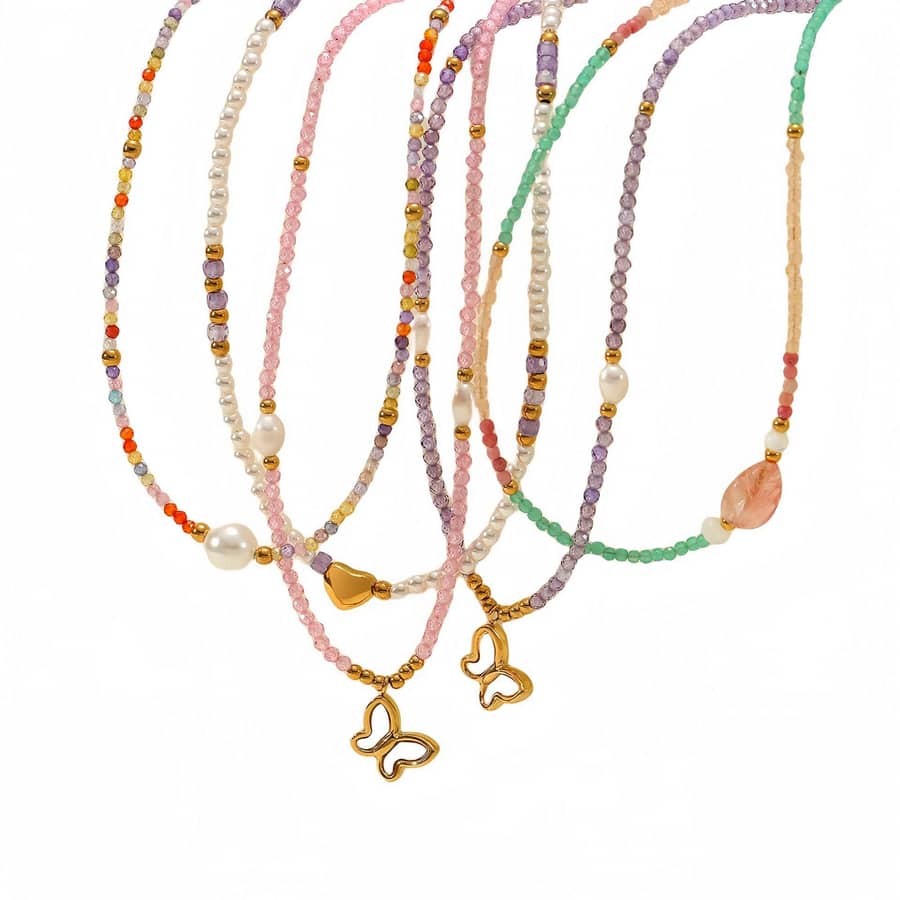 Natural Stone Handmade Beaded Stainless Steel Pearl Necklace Butterfly 18K PVD Coated Waterproof Pearl - main