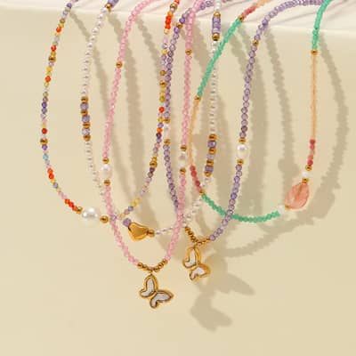 Natural Stone Handmade Beaded Stainless Steel Pearl Necklace Butterfly 18K PVD Coated Waterproof Pearl detail 2