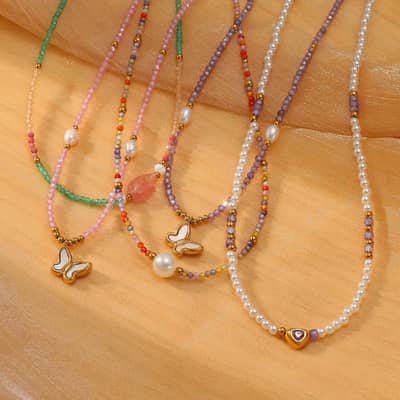 Natural Stone Handmade Beaded Stainless Steel Pearl Necklace Butterfly 18K PVD Coated Waterproof Pearl detail 3