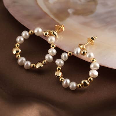 14K Gold Plated 925 Silver Freshwater Pearl Hoop Dangle Earrings detail 1