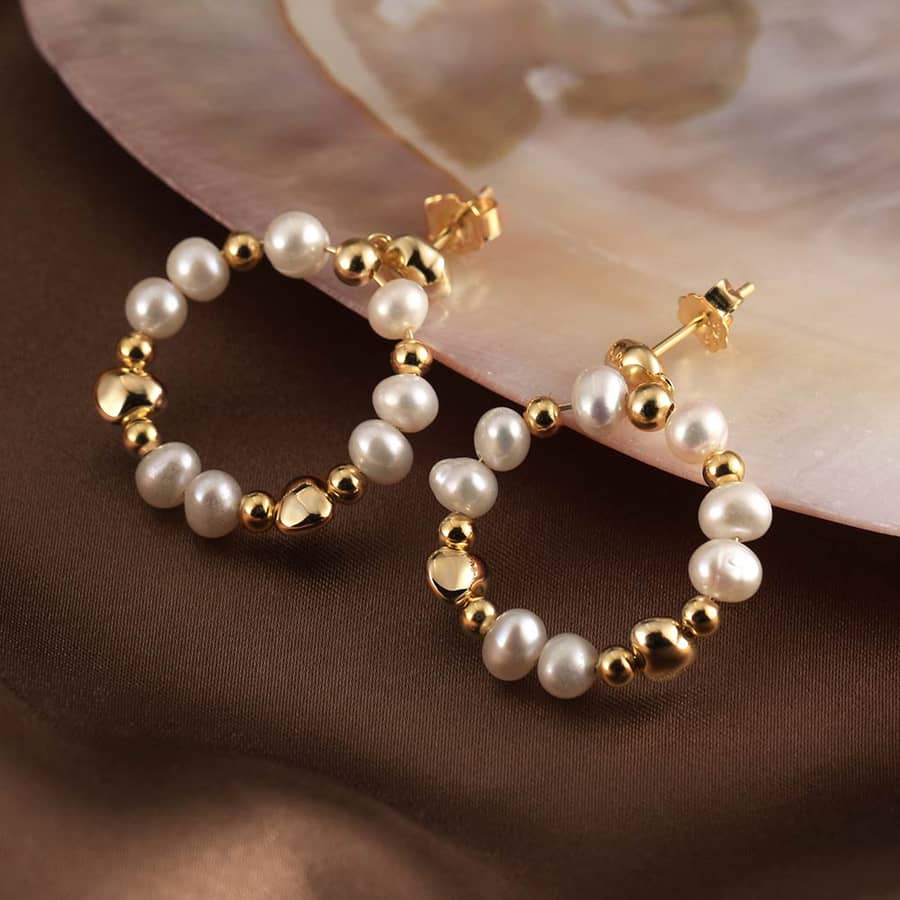 14K Gold Plated 925 Silver Freshwater Pearl Hoop Dangle Earrings - main