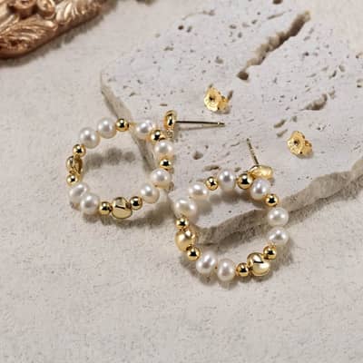 14K Gold Plated 925 Silver Freshwater Pearl Hoop Dangle Earrings detail 2