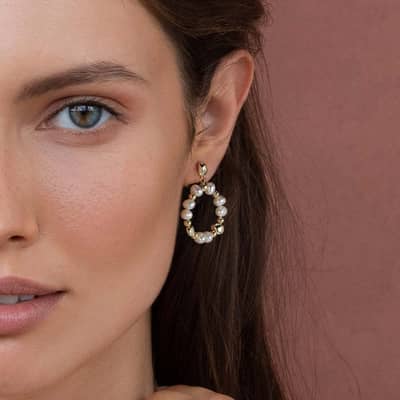 14K Gold Plated 925 Silver Freshwater Pearl Hoop Dangle Earrings detail 4
