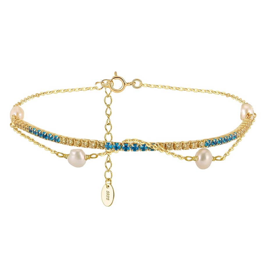 925 Silver Double Layer Gold Chain Bracelet with Pearl Beads and Pendant - main