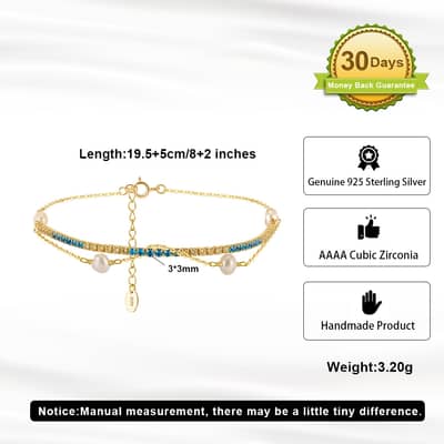 925 Silver Double Layer Gold Chain Bracelet with Pearl Beads and Pendant detail 3
