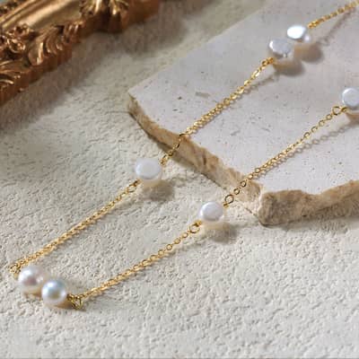 Minimalist Freshwater Pearls 925 Sterling Silver 14K Gold Plated Clavicular Chain Pearl Necklace detail 4