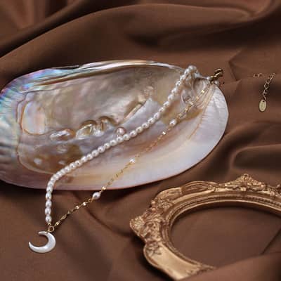 Luxury Romantic Natural Freshwater Pearl Moon Necklace 925 Sterling Silver 14K Gold Plated detail 3