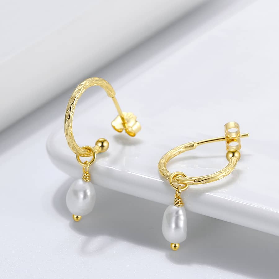 Elegant C-Shaped 14K Gold Plated 925 Sterling Silver Freshwater Pearl Drop Earrings - main