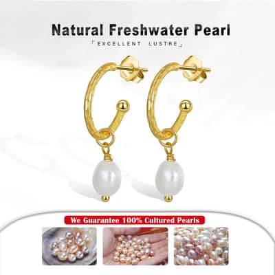 Elegant C-Shaped 14K Gold Plated 925 Sterling Silver Freshwater Pearl Drop Earrings detail 3