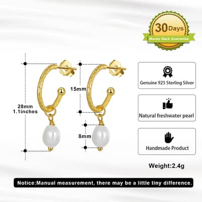 Elegant C-Shaped 14K Gold Plated 925 Sterling Silver Freshwater Pearl Drop Earrings detail 4