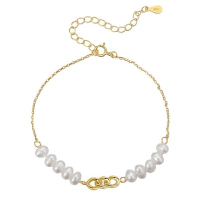 5mm 925 Sterling Silver Cuban Chain Bracelet, Gold Plated with Pearl detail 1