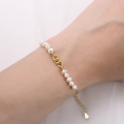 5mm 925 Sterling Silver Cuban Chain Bracelet, Gold Plated with Pearl detail 2