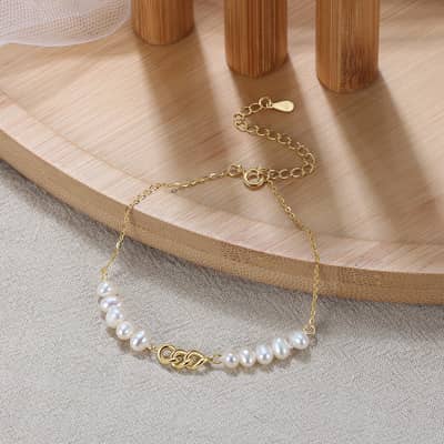 5mm 925 Sterling Silver Cuban Chain Bracelet, Gold Plated with Pearl detail 3