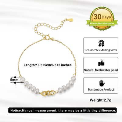 5mm 925 Sterling Silver Cuban Chain Bracelet, Gold Plated with Pearl detail 5