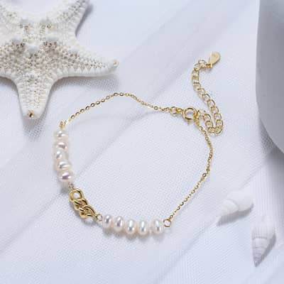 5mm 925 Sterling Silver Cuban Chain Bracelet, Gold Plated with Pearl detail 6