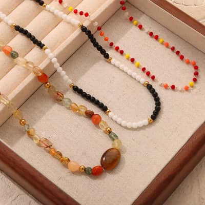 Natural Stone Handmade Beaded Stainless Steel Necklace Agate 18K detail 2