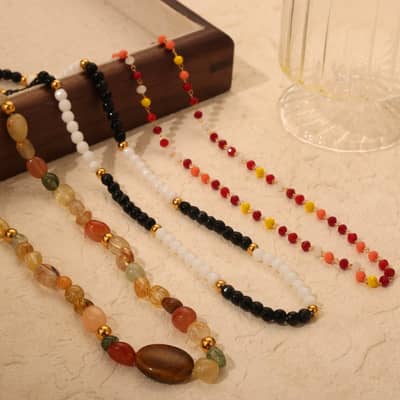 Natural Stone Handmade Beaded Stainless Steel Necklace Agate 18K detail 4