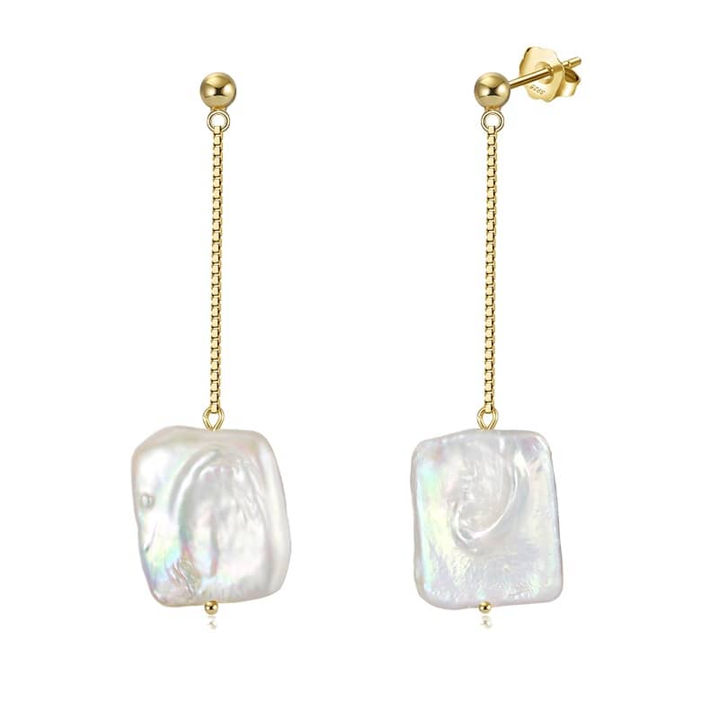 925 Silver 14K Gold Plated Irregular Square Baroque Natural Freshwater Pearl Drop Earrings - main