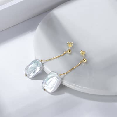 925 Silver 14K Gold Plated Irregular Square Baroque Natural Freshwater Pearl Drop Earrings detail 2