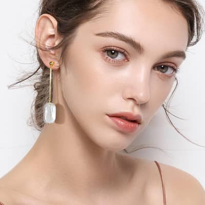925 Silver 14K Gold Plated Irregular Square Baroque Natural Freshwater Pearl Drop Earrings detail 4