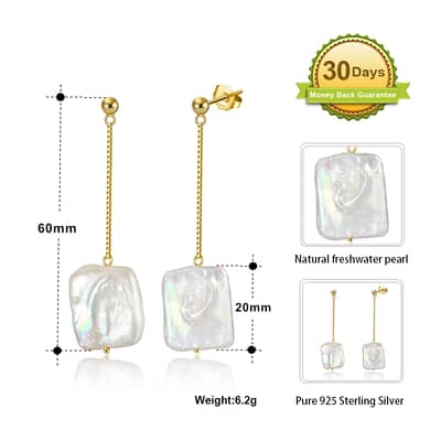 925 Silver 14K Gold Plated Irregular Square Baroque Natural Freshwater Pearl Drop Earrings detail 5